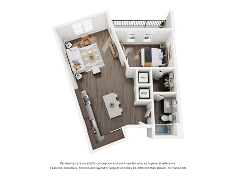 Floor plan for 1 bed, 1 bath, 827 sqft